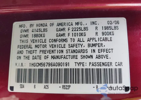 2006 Honda Accord 2.4 Ex from USA, damaged, VIN 1HGCM56796A090191